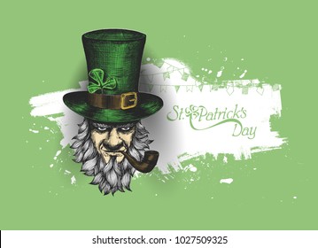 Saint Patrick's Day character leprechaun with green hat, beard, smoking pipe, vector illlustration.