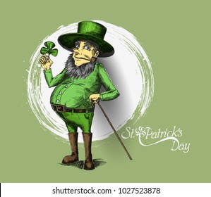 Saint Patrick's Day character leprechaun with green hat, beard, smoking pipe, vector illlustration.