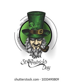 Saint Patrick's Day character leprechaun with green hat, beard, smoking pipe, vector illlustration.