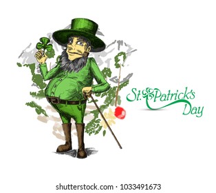 Saint Patrick's Day character leprechaun with green hat, beard, smoking pipe, vector illlustration.