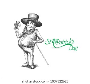 Saint Patrick's Day character leprechaun with hat, beard, smoking pipe, vector illlustration.