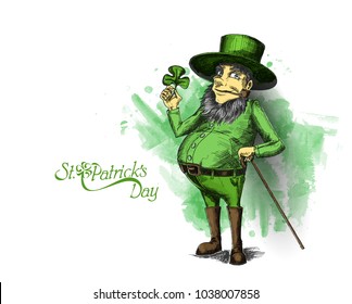 Saint Patrick's Day character leprechaun with green hat, beard, smoking pipe, vector illlustration.