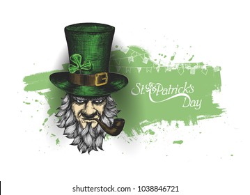 Saint Patrick's Day character leprechaun with hat, beard, smoking pipe, vector illlustration.