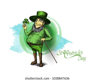 Saint Patrick's Day character leprechaun with green hat, beard, smoking pipe, vector illlustration.