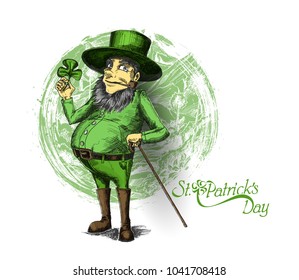 Saint Patrick's Day character leprechaun with green hat, beard, smoking pipe, vector illlustration.