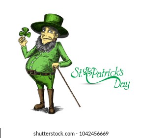 Saint Patrick's Day character leprechaun with green hat, beard, smoking pipe, vector illlustration.