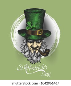 Saint Patrick's Day character leprechaun with green hat, beard, smoking pipe, vector illlustration.