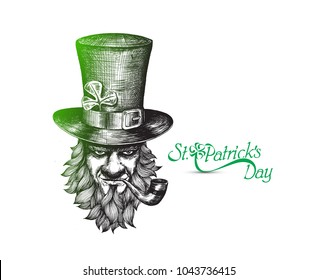 Saint Patrick's Day character leprechaun with hat, beard, smoking pipe, vector illlustration.