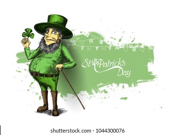 Saint Patrick's Day character leprechaun with green hat, beard, smoking pipe, vector illlustration.