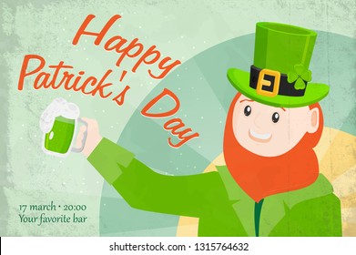 Saint Patrick's Day character leprechaun with green hat, red beard vector