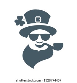 Saint Patrick's Day character leprechaun icon in sun glasses with hat, beard, smoking pipe. Vector illustration