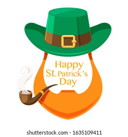 Saint Patrick's Day character leprechaun with green hat, red beard, smoking pipe and no face. Vector illustration in a cartoon style. Isolated on white background. 