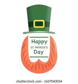 Saint Patrick's Day character leprechaun with green hat, red beard, smoking pipe and no face. Vector illustration in a cartoon style. Isolated on white background. 