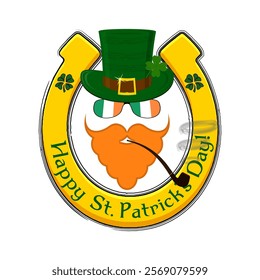 Saint Patrick's Day character leprechaun with green hat, red beard, smoking pipe and no face. Design elements for St. Patricks Day. Isolated on white background. Vector illustration.