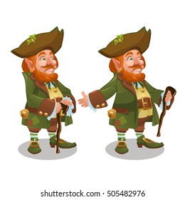 Saint Patrick's Day character leprechaun with green hat, red beard and a wooden walking stick isolated on white background. Vector illustration.