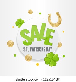 Saint Patricks day circle banner with gold coins, horseshoe and clover on white background. Stock Vector image for advertising, web banner, promotion.