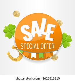 Saint Patricks day circle banner with Irish flags garland, clover, coins and horseshoe. Vector image for promotion, web banner.