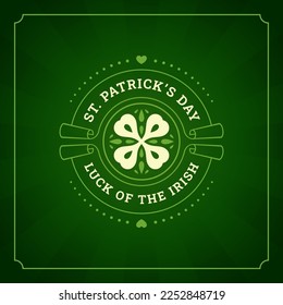Saint Patrick's Day clover leaf vintage greeting card typography template vector illustration. Celtic holiday festive lucky retro circle ribbon green sun burst ray background classic ornate design