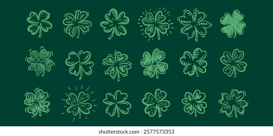 Saint Patricks Day, clover set on green, hand drawn illustrations.