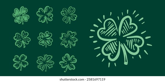 Saint Patricks Day, clover set on green, hand drawn illustrations.	