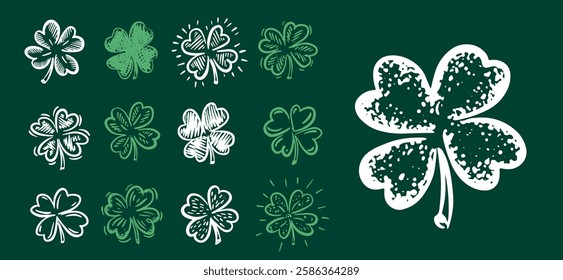 Saint Patricks Day, clover set on green, hand drawn illustrations.	