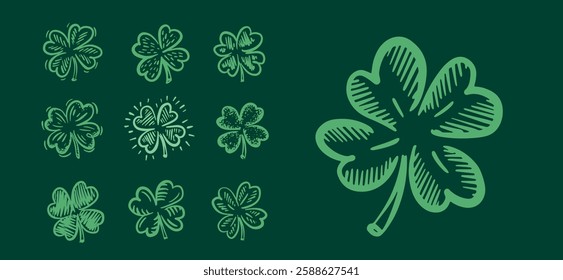 Saint Patricks Day, clover set on green, hand drawn illustrations.	
