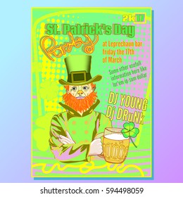 Saint Patrick's day club flyer drawn in retro comics halftone style, man in a top hat drinking beer from a jar with clover leaf,  polka dot ambient background in acid green, yellow and purple colors