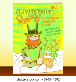 Saint Patrick's day club flyer drawn in retro comics halftone style, man in a top hat swimming in a beer holding a jar with clover leaf, polka dot background in acid green, yellow and orange colors