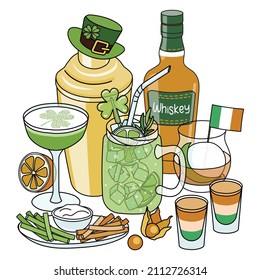 Saint Patricks Day cocktail composition with various drinks in glasses, leprechaun hat shaker, whiskey bottle, snacks and appetizers, Irish flag and shamrock clover decor. Doodle cartoon style.