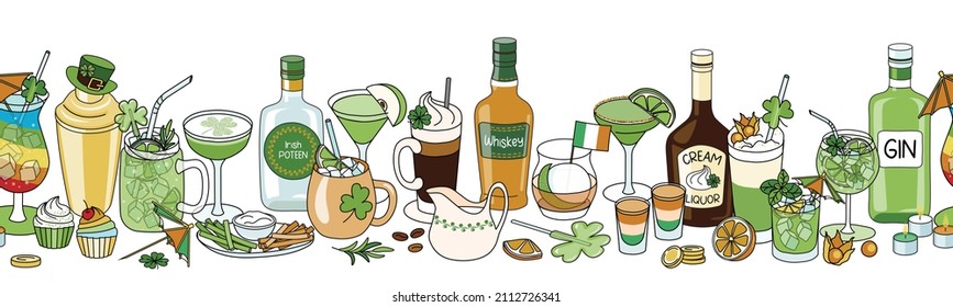 Saint Patricks Day cocktail party seamless line pattern ornament. Leprechaun hat shaker, Green orange white drinks in glasses, liquor bottles and appetizers, Irish flag and shamrock clover decoration.