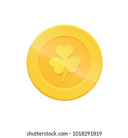 Saint Patrick's Day coin. Gold coin with three leaf clover sign.