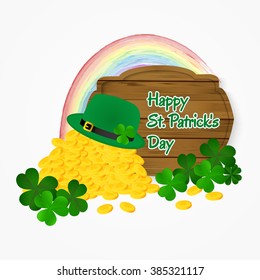 Saint Patrick's Day coin of gold, hat and rainbow background.