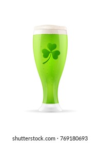 Saint Patrick's Day  cold green beer glass with green clover on white background vector illustration