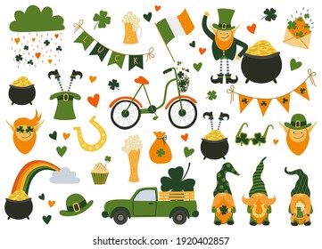 Saint Patrick's Day collection. Set with Irish flags, beer mugs, clover, pub decoration, leprechaun green hat, pot of gold coins. Vector illustration in cartoon flat style isolated on white background