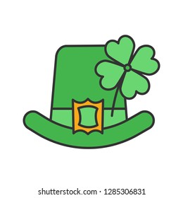 Saint Patrick's Day color icon. March 17th. Leprechaun hat with four leaf clover. Isolated vector illustration