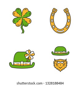 Saint Patrick's Day color icons set. Feast of St. Patrick. Bowler hat, leprechaun, horseshoe, four leaf clover. Good luck mascots. Isolated vector illustrations