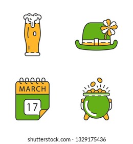 Saint Patrick's Day color icons set. Feast of St. Patrick. Glass of ale, bowler hat with four leaf clover, March 17 calendar date, pot of gold. Isolated vector illustrations