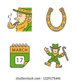 Saint Patrick's Day color icons set. Feast of St. Patrick. Leprechauns, horseshoe, March 17 calendar date. Isolated vector illustrations