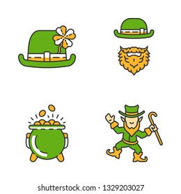 Saint Patrick's Day color icons set. Feast of St. Patrick. Leprechauns, bowler hat with four leaf clover, pot of gold. Isolated vector illustrations