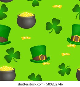 Saint Patrick's Day colorful seamless pattern with leprechaun hat, pot, gold and shamrock in simple cartoon style. Vector illustration. Holiday Collection.