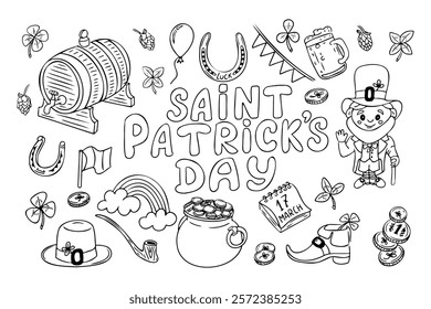 Saint Patricks Day coloring page with outline doodles including leprechaun, shamrocks, beer mug, rainbow, gold coins, horseshoe, and related symbols in a playful hand drawn style. Vector illustration