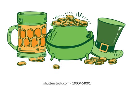 Saint Patrick's Day composition. Cauldron with golden coins, glass of beer and leprechaun's hat. Hand drawn vector sketch illustration