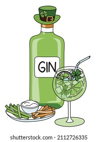 Saint Patricks Day composition with green Gin in a bottle, tonic cocktail with lime and shamrock clover decoration, Irish flag looking carrot and celery stick appetizer. Doodle cartoon style