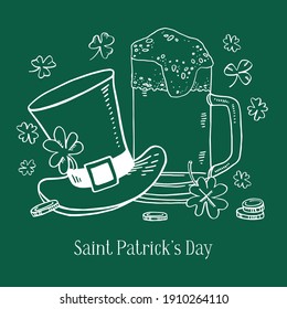 Saint Patrick's Day composition. Leprechaun hat and glass of beer. Hand drawn outline vector sketch illustration