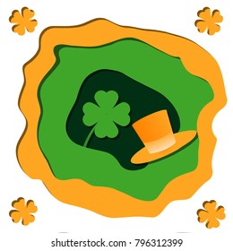 Saint Patrick's Day composition in a paper cut style. Orange hat and green four-leaf clover. Creative poster
