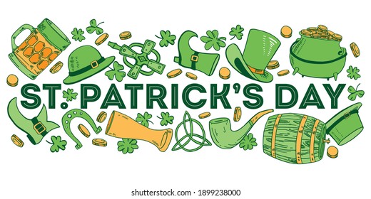 Saint Patrick's Day composition with title. Traditional objects, food and symbols. Hand drawn vector sketch illustration on white background