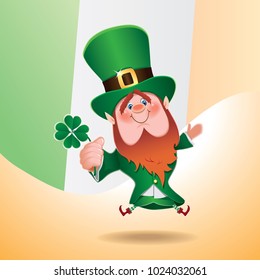 Saint Patrick's Day concept. Cartoon of bouncing Leprechaun with four leaves clover in hand and Irish flag on background.Vector illustration for holiday greeting.