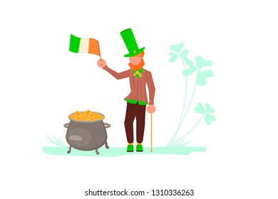 Saint Patrick's Day concept. Cute cartoon leprechauns dancing near the pot of coins. Flat Art Vector illustration