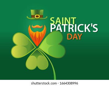 Saint Patrick's Day concept design. Clover leaf, leprechaun hat, red mustache and beard. Typography. Dark green background. Editable EPS vector