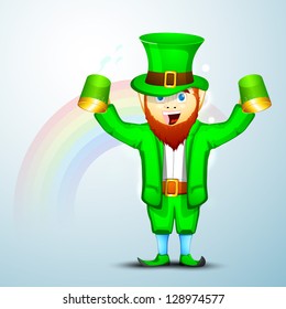 Saint Patrick's Day concept with happy leprechaun holding beer mug on rainbow background.